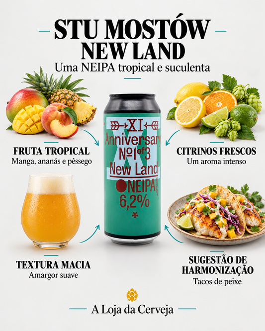 Stu Mostów New Land NEIPA: fruta tropical, citrinos frescos, textura macia e harmonização com tacos de peixe.