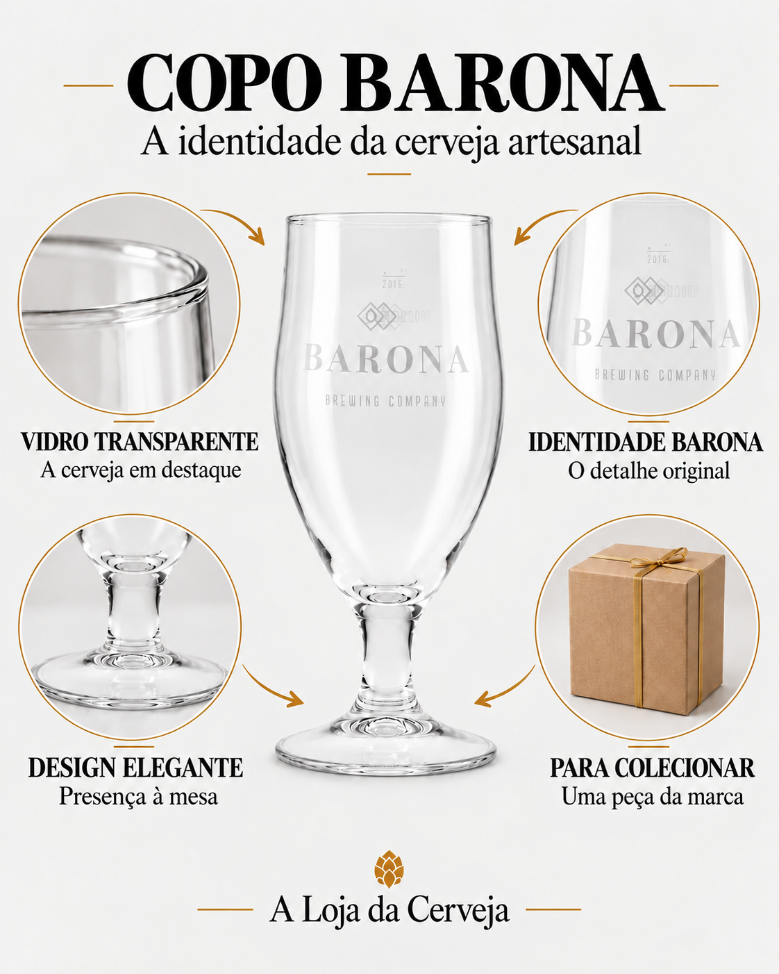 Copo Barona: vidro transparente, identidade da marca, design elegante e peça para colecionar.