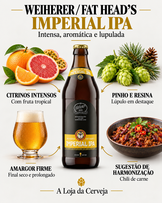 Weiherer/Fat Head’s Imperial IPA: citrinos intensos, pinho e resina, amargor firme e chili de carne.