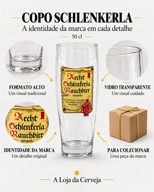Copo Schlenkerla: formato alto — Um visual tradicional; vidro transparente — Um visual cuidado; identidade da marca — Um detalhe original; para colecionar — Uma peça da marca.