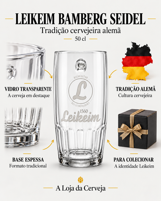 Caneca Leikeim Bamberg Seidel: vidro transparente — A cerveja em destaque; base espessa — Formato tradicional; tradição alemã — Cultura cervejeira; para colecionar — A identidade Leikeim.