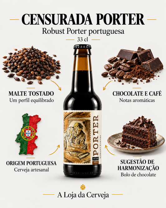 Censurada Robust Porter: malte tostado — Um perfil equilibrado; chocolate e café — Notas aromáticas; origem portuguesa — Cerveja artesanal; sugestão de harmonização — Bolo de chocolate.