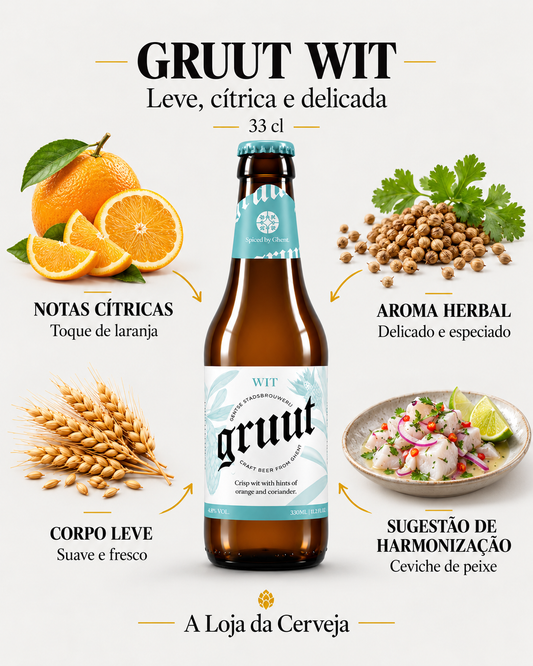 Gentse Gruut Wit: notas cítricas, aroma herbal, corpo leve e sugestão de harmonização com ceviche de peixe.