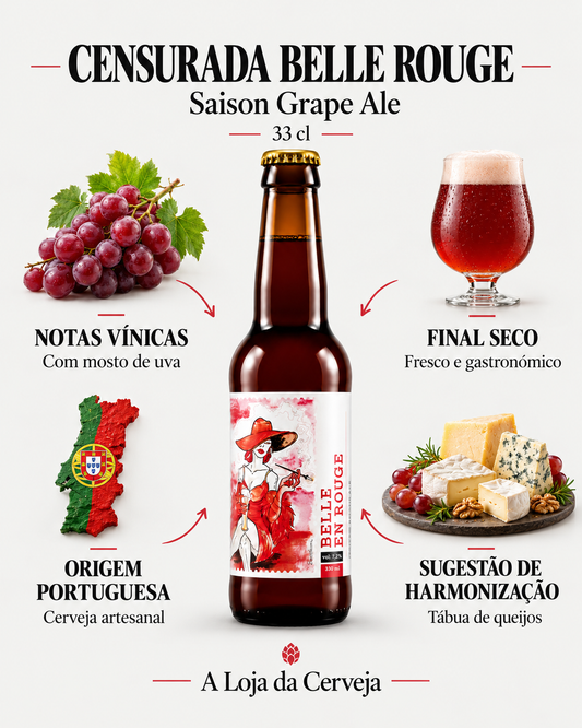 Censurada Belle Rouge: notas vínicas — Com mosto de uva; final seco — Fresco e gastronómico; origem portuguesa — Cerveja artesanal; sugestão de harmonização — Tábua de queijos.