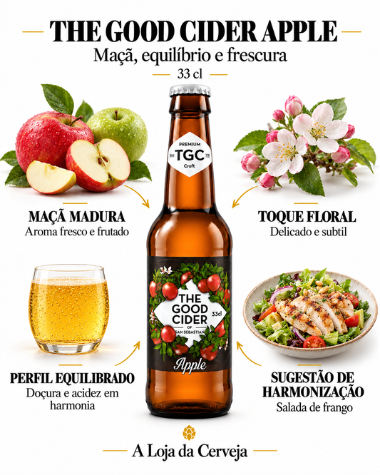 THE GOOD CIDER APPLE: Aroma fresco e frutado; Delicado e subtil; Doçura e acidez em harmonia; Salada de frango.