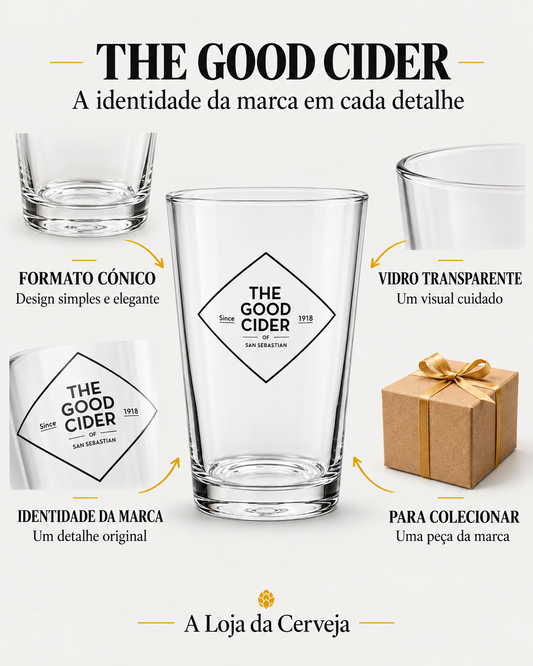 Copo The Good Cider: formato cónico — Design simples e elegante; vidro transparente — Um visual cuidado; identidade da marca — Um detalhe original; para colecionar — Uma peça da marca.