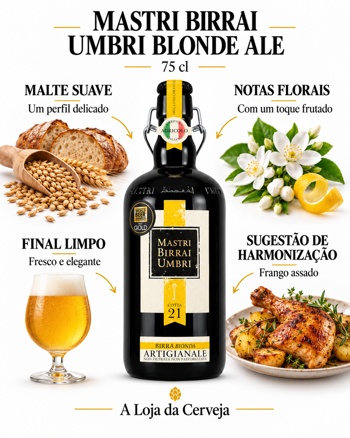 MASTRI BIRRAI UMBRI BLONDE ALE 75 cl: MALTE SUAVE — Um perfil delicado; NOTAS FLORAIS — Com um toque frutado; FINAL LIMPO — Fresco e elegante; SUGESTÃO DE HARMONIZAÇÃO — Frango assado.