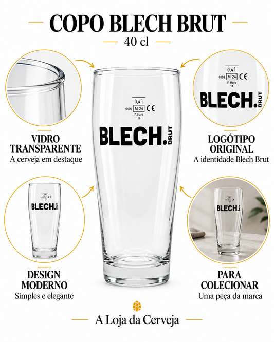 COPO BLECH BRUT 40 cl: VIDRO TRANSPARENTE — A cerveja em destaque; LOGÓTIPO ORIGINAL — A identidade Blech Brut; DESIGN MODERNO — Simples e elegante; PARA COLECIONAR — Uma peça da marca.