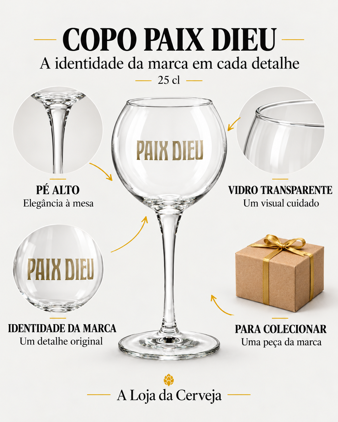 Copo Paix Dieu: pé alto — Elegância à mesa; vidro transparente — Um visual cuidado; identidade da marca — Um detalhe original; para colecionar — Uma peça da marca.