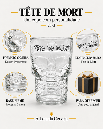 Caneca Tête de Mort 25 cl: formato caveira — Design irreverente; base firme — Presença à mesa; identidade da marca — Tête de Mort; para oferecer — Uma peça original.