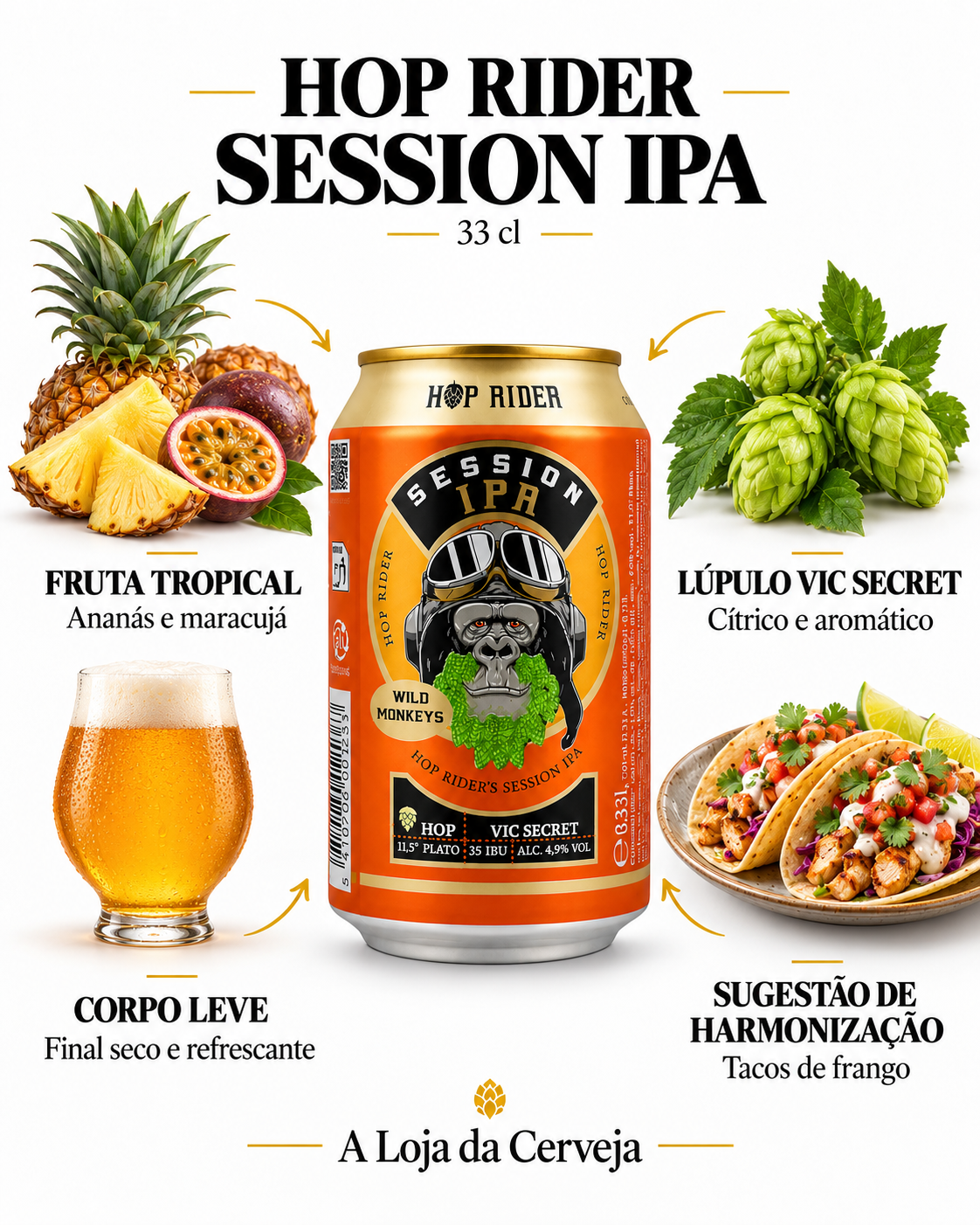 HOP RIDER SESSION IPA 33 cl: FRUTA TROPICAL — Ananás e maracujá; LÚPULO VIC SECRET — Cítrico e aromático; CORPO LEVE — Final seco e refrescante; SUGESTÃO DE HARMONIZAÇÃO — Tacos de frango.