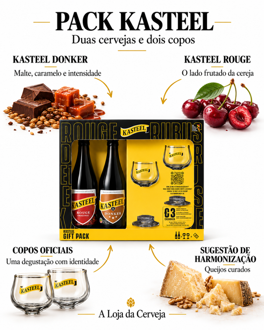 PACK KASTEEL Duas cervejas e dois copos: KASTEEL DONKER — Malte, caramelo e intensidade; KASTEEL ROUGE — O lado frutado da cereja; COPOS OFICIAIS — Uma degustação com identidade; SUGESTÃO DE HARMONIZAÇÃO — Queijos curados.