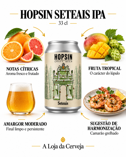 HOPSIN SETEAIS IPA 33 cl: NOTAS CÍTRICAS — Aroma fresco e frutado; FRUTA TROPICAL — O carácter do lúpulo; AMARGOR MODERADO — Final limpo e persistente; SUGESTÃO DE HARMONIZAÇÃO — Camarão grelhado.