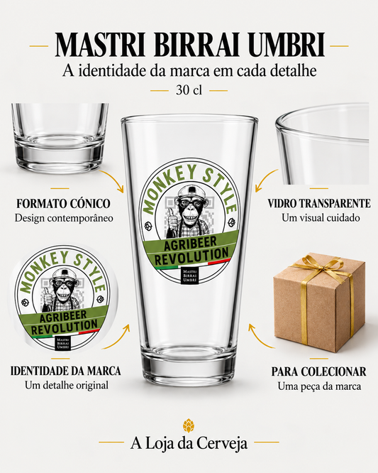 Copo Mastri Birrai Umbri 30 cl: formato cónico — Design contemporâneo; vidro transparente — Um visual cuidado; identidade da marca — Um detalhe original; para colecionar — Uma peça da marca.