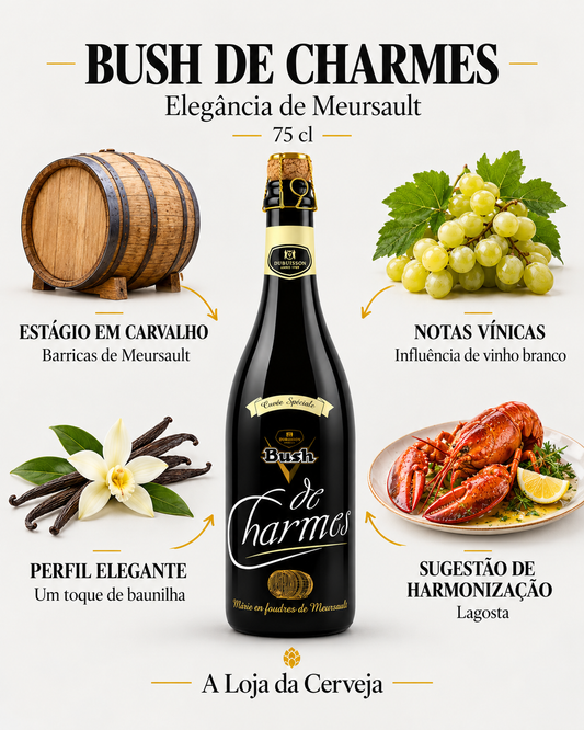 Bush de Charmes 75 cl: estágio em carvalho — Barricas de Meursault; notas vínicas — Influência de vinho branco; perfil elegante — Um toque de baunilha; sugestão de harmonização — Lagosta.