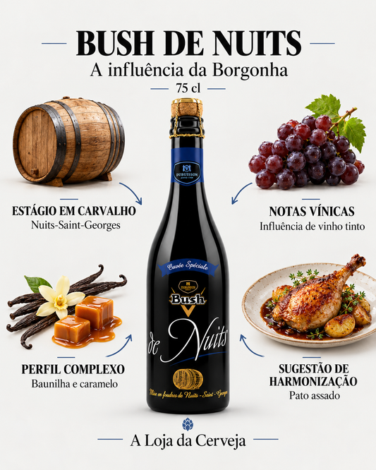 Bush de Nuits 75 cl: estágio em carvalho — Nuits-Saint-Georges; notas vínicas — Influência de vinho tinto; perfil complexo — Baunilha e caramelo; sugestão de harmonização — Pato assado.
