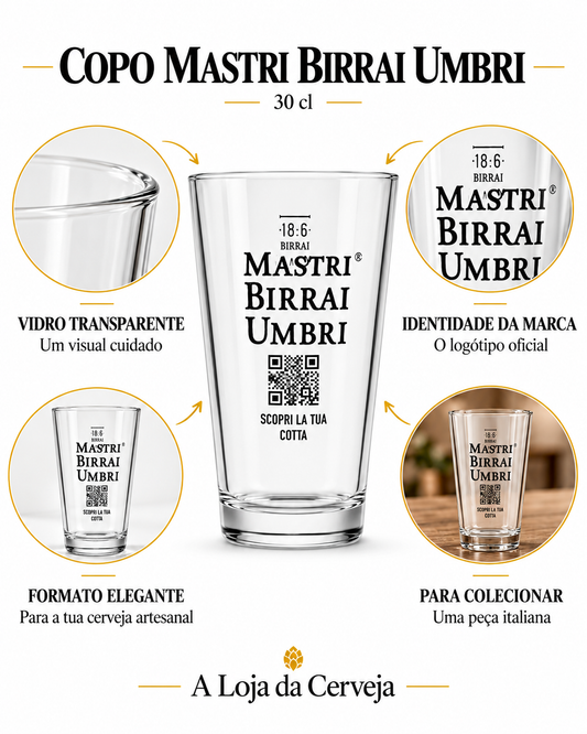 COPO MASTRI BIRRAI UMBRI 30 cl: VIDRO TRANSPARENTE — Um visual cuidado; IDENTIDADE DA MARCA — O logótipo oficial; FORMATO ELEGANTE — Para a tua cerveja artesanal; PARA COLECIONAR — Uma peça italiana.