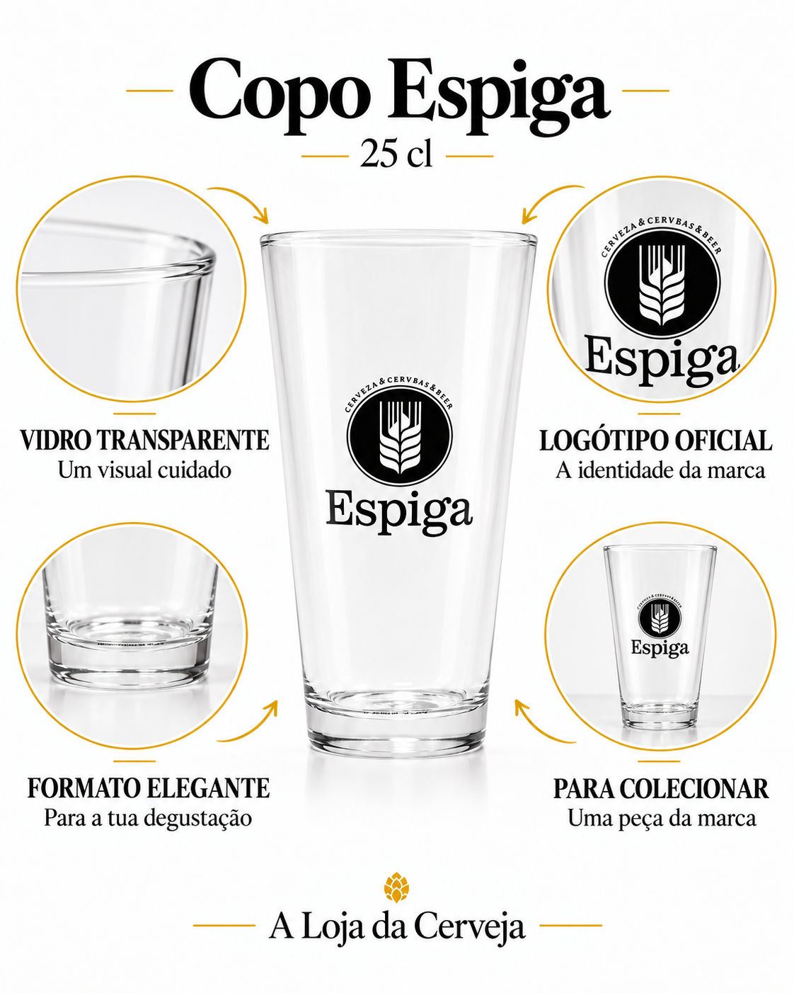Infografia de Copo Espiga 25 cl, com o produto ao centro, características e sugestão de utilização em português. A Loja da Cerveja.