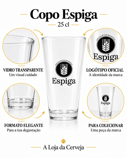 Infografia de Copo Espiga 25 cl, com o produto ao centro, características e sugestão de utilização em português. A Loja da Cerveja.