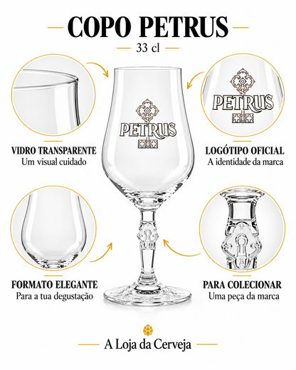 Infografia de Copo Petrus 33 cl, com o produto ao centro, características e sugestão de utilização em português. A Loja da Cerveja.