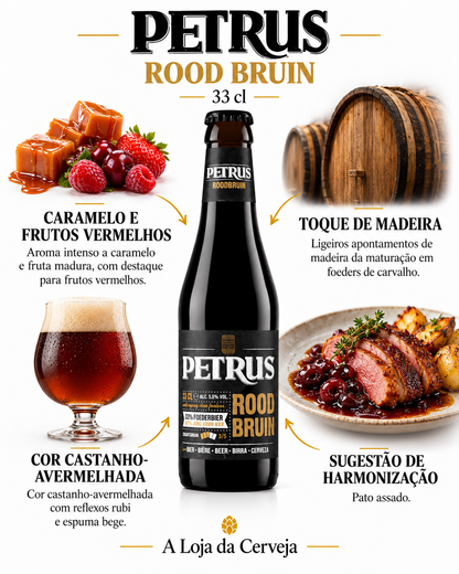 Infografia de Petrus Rood Bruin 33 cl, com o produto ao centro, características e sugestão de harmonização em português. A Loja da Cerveja.