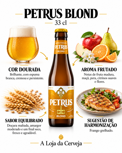 Infografia de Petrus Blond 33 cl, com o produto ao centro, características e sugestão de harmonização em português. A Loja da Cerveja.