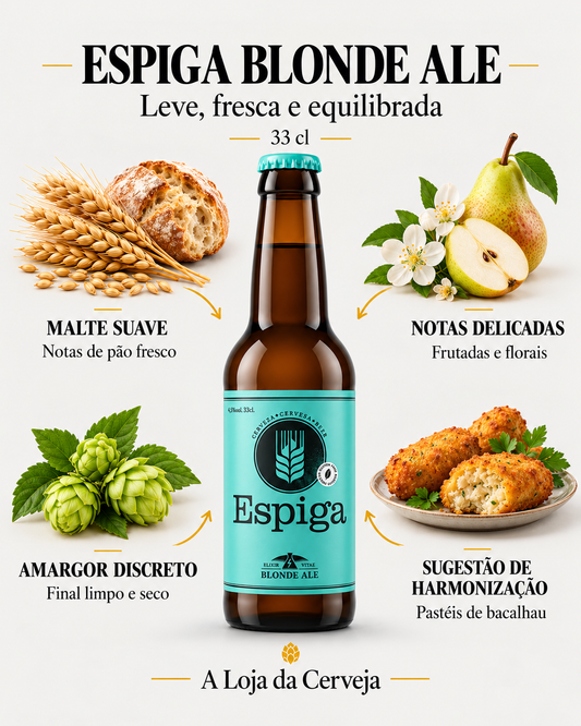 Espiga Blonde Ale 33 cl: malte suave, notas frutadas e florais, amargor discreto e pastéis de bacalhau.