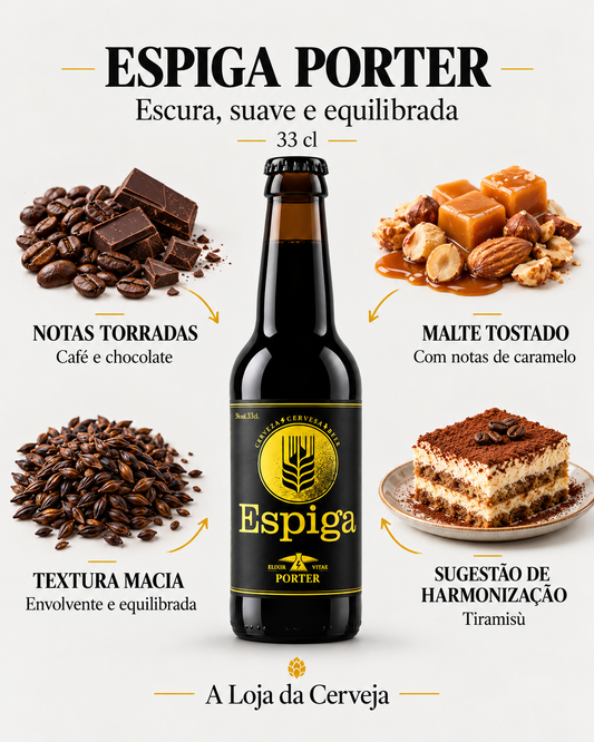 Espiga Porter 33 cl: notas torradas de café e chocolate, malte tostado, textura macia e tiramisù.