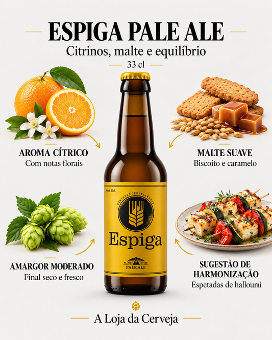 Espiga Pale Ale 33 cl: aroma cítrico, malte suave, amargor moderado e espetadas de halloumi.
