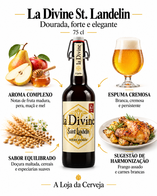 Infografia de La Divine St. Landelin 75 cl, com o produto ao centro, características e sugestão de harmonização em português. A Loja da Cerveja.