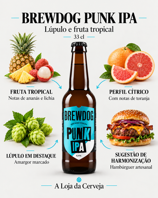 Brewdog Punk IPA 33 cl: fruta tropical — Notas de ananás e lichia; perfil cítrico — Com notas de toranja; lúpulo em destaque — Amargor marcado; sugestão de harmonização — Hambúrguer artesanal.