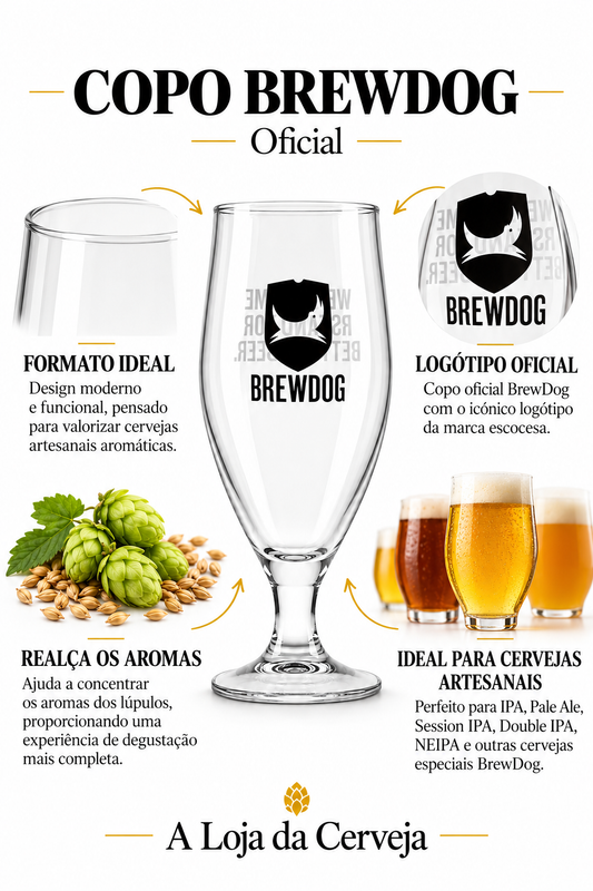 Infografia de Copo Brewdog, com o produto ao centro, características e sugestão de utilização em português. A Loja da Cerveja.