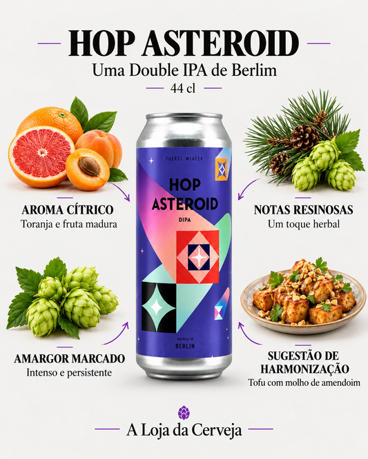 Fuerst Wiacek Hop Asteroid DIPA 44 cl: aroma cítrico, notas resinosas, amargor marcado e tofu com molho de amendoim.