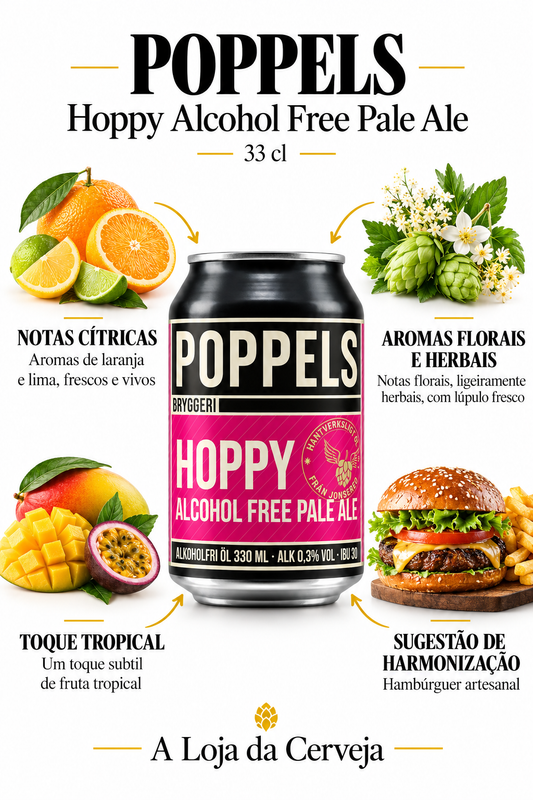Infografia de Poppels Hopy Pale Ale 33 cl, com a lata original ao centro, três características e sugestão de harmonização em português. A Loja da Cerveja.