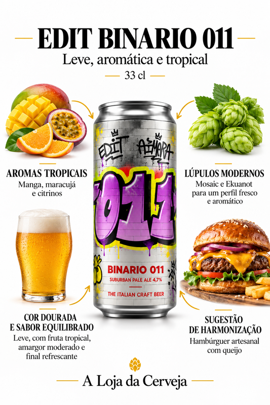 Infografia de Edit Binario 011 33 cl, com a lata original ao centro, três características e sugestão de harmonização em português. A Loja da Cerveja.