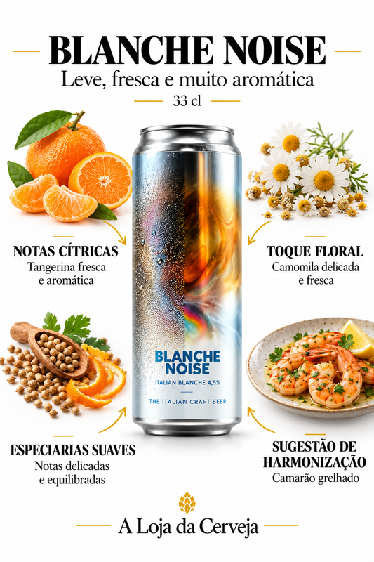 Infografia de Edit Blanche Noise 33 cl, com a lata original ao centro, três características e sugestão de harmonização em português. A Loja da Cerveja.