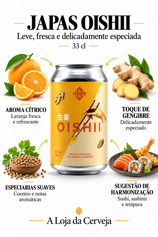 Infografia de Japas Oishii 33 cl, com a lata original ao centro, três características e sugestão de harmonização em português. A Loja da Cerveja.