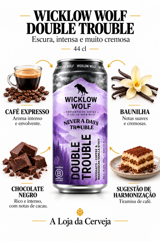 Infografia de Wicklow Wolf Double Trouble 44 cl, com a lata original ao centro, três características e sugestão de harmonização em português. A Loja da Cerveja.