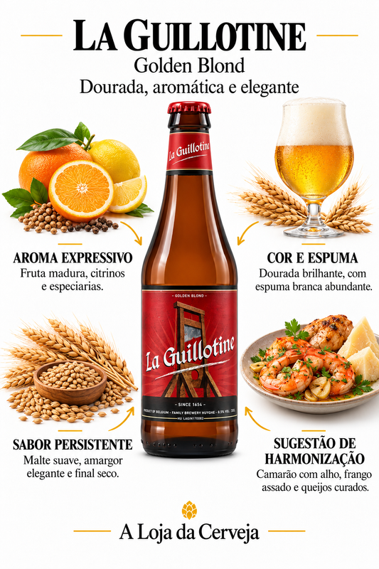 Infografia de La Guillotine Golden Blond, com características, aromas, sabor e sugestões de harmonização. A Loja da Cerveja.