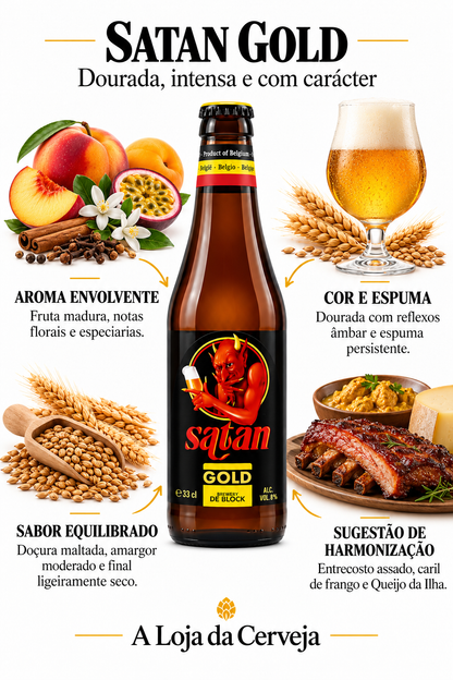 Infografia de Satan Gold, com características, aromas, sabor e sugestões de harmonização. A Loja da Cerveja.