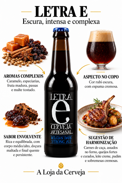 Infografia de LETRA E, com o produto original, características e sugestão de harmonização em português. A Loja da Cerveja.
