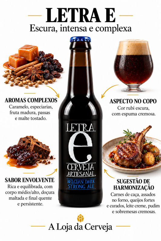 Infografia de LETRA E, com o produto original, características e sugestão de harmonização em português. A Loja da Cerveja.