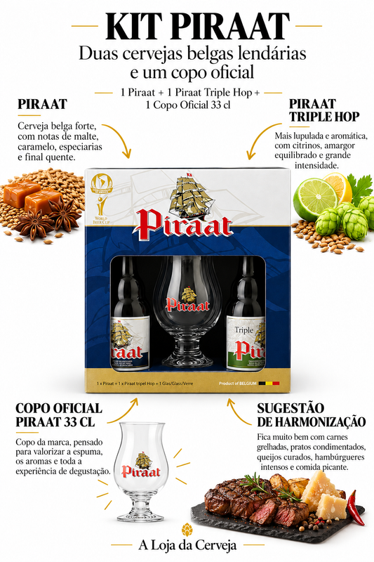 Infografia de Kit Piraat – copo + 2 cervejas 33cl, com o produto original, características e sugestão de harmonização em português. A Loja da Cerveja.
