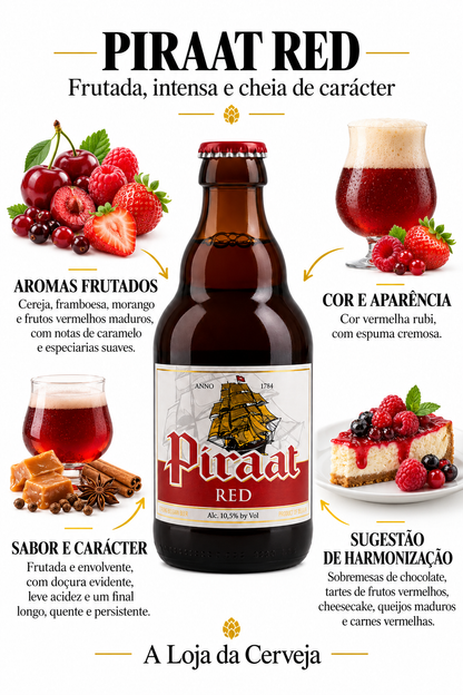 Infografia de Piraat Red, com o produto original, características e sugestão de harmonização em português. A Loja da Cerveja.