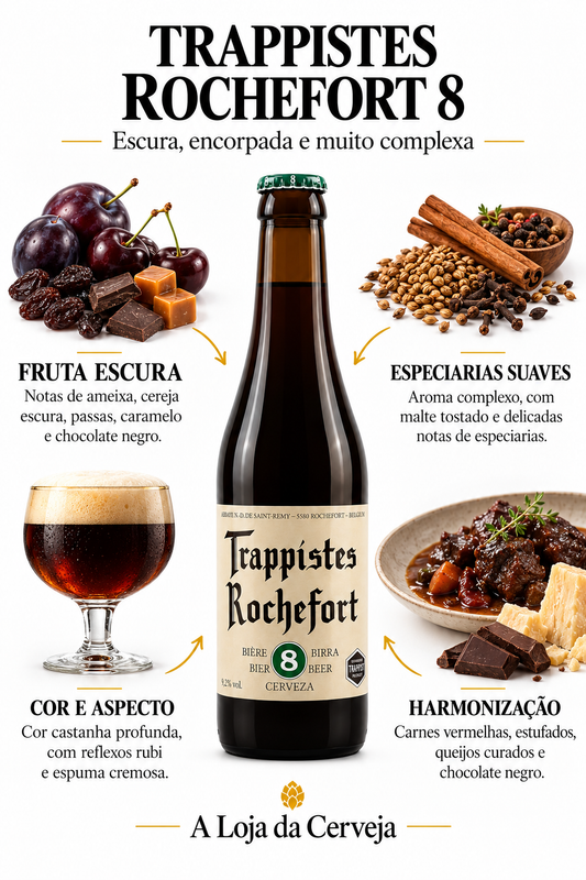 Infografia de Trappistes Rochefort 8, com o produto original ao centro, características e sugestão de harmonização em português. A Loja da Cerveja.