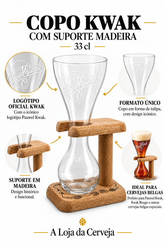 Infografia de COPO KWAK + SUPORTE MADEIRA 33CL, com o produto original ao centro, características e sugestão de utilização em português. A Loja da Cerveja.