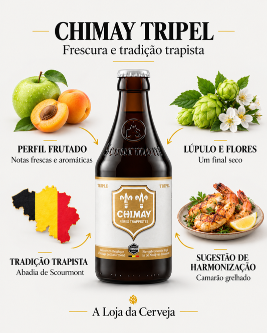 Chimay Tripel: perfil frutado — Notas frescas e aromáticas; lúpulo e flores — Um final seco; tradição trapista — Abadia de Scourmont; sugestão de harmonização — Camarão grelhado.