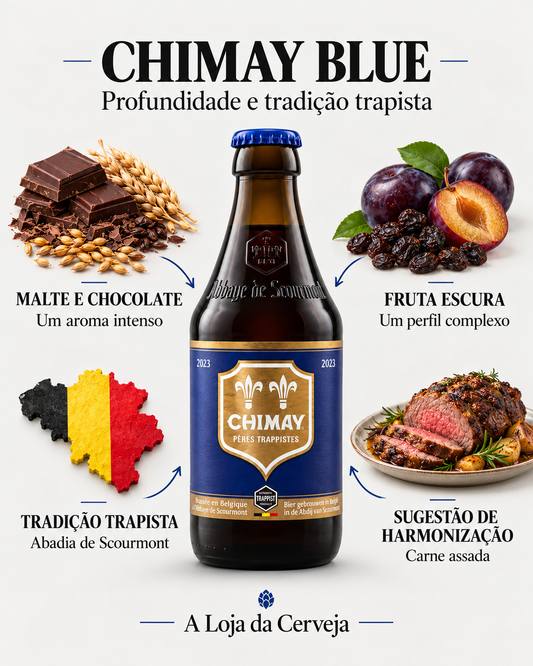 Chimay Blue: malte e chocolate — Um aroma intenso; fruta escura — Um perfil complexo; tradição trapista — Abadia de Scourmont; sugestão de harmonização — Carne assada.