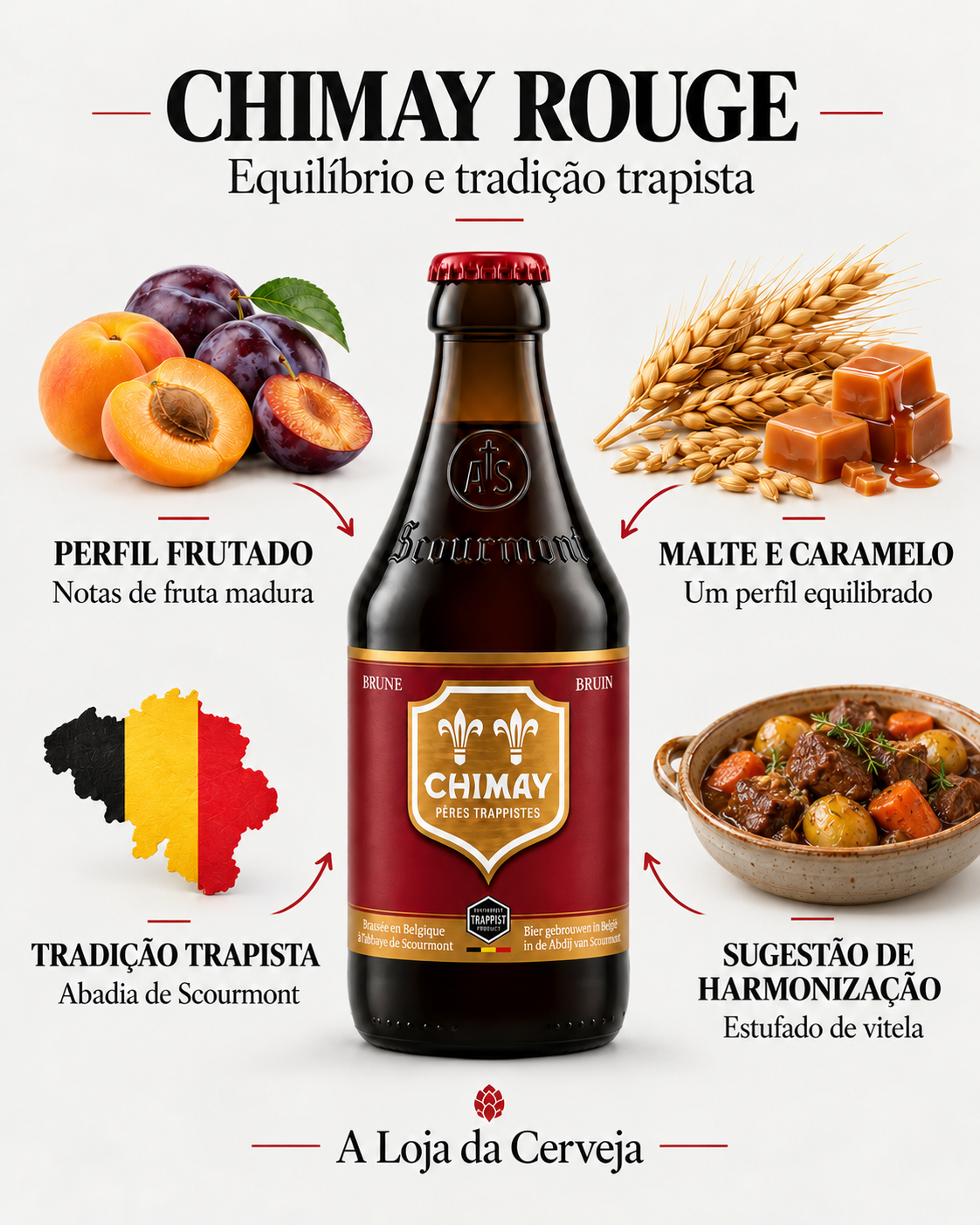 Chimay Rouge: perfil frutado — Notas de fruta madura; malte e caramelo — Um perfil equilibrado; tradição trapista — Abadia de Scourmont; sugestão de harmonização — Estufado de vitela.