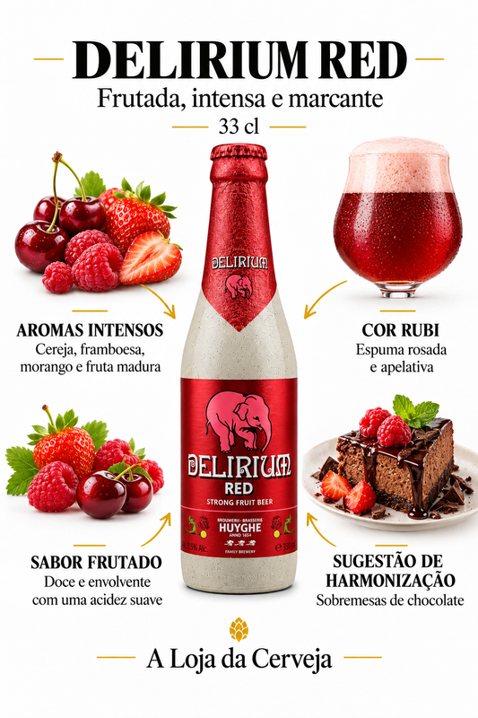 Infografia de Delirium Red, com o produto original ao centro, características e sugestão de harmonização em português. A Loja da Cerveja.